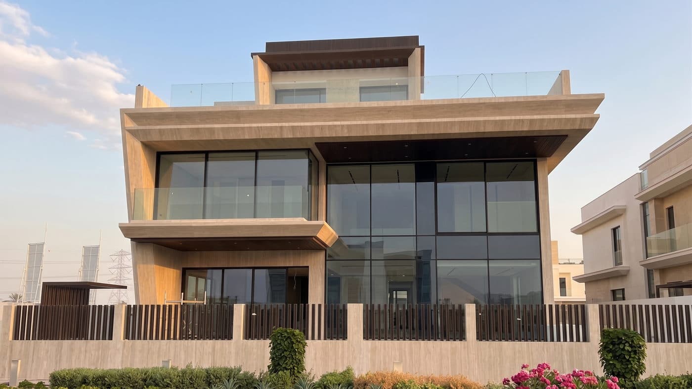 A completed villa exterior in warm stone, photographed from the street.