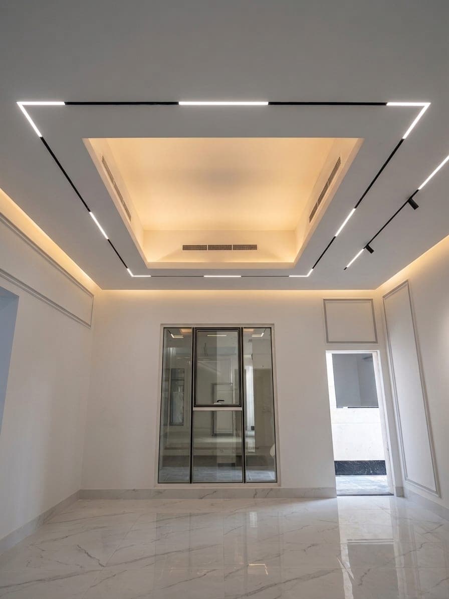 A reception room framed by a linear-lit coffered ceiling