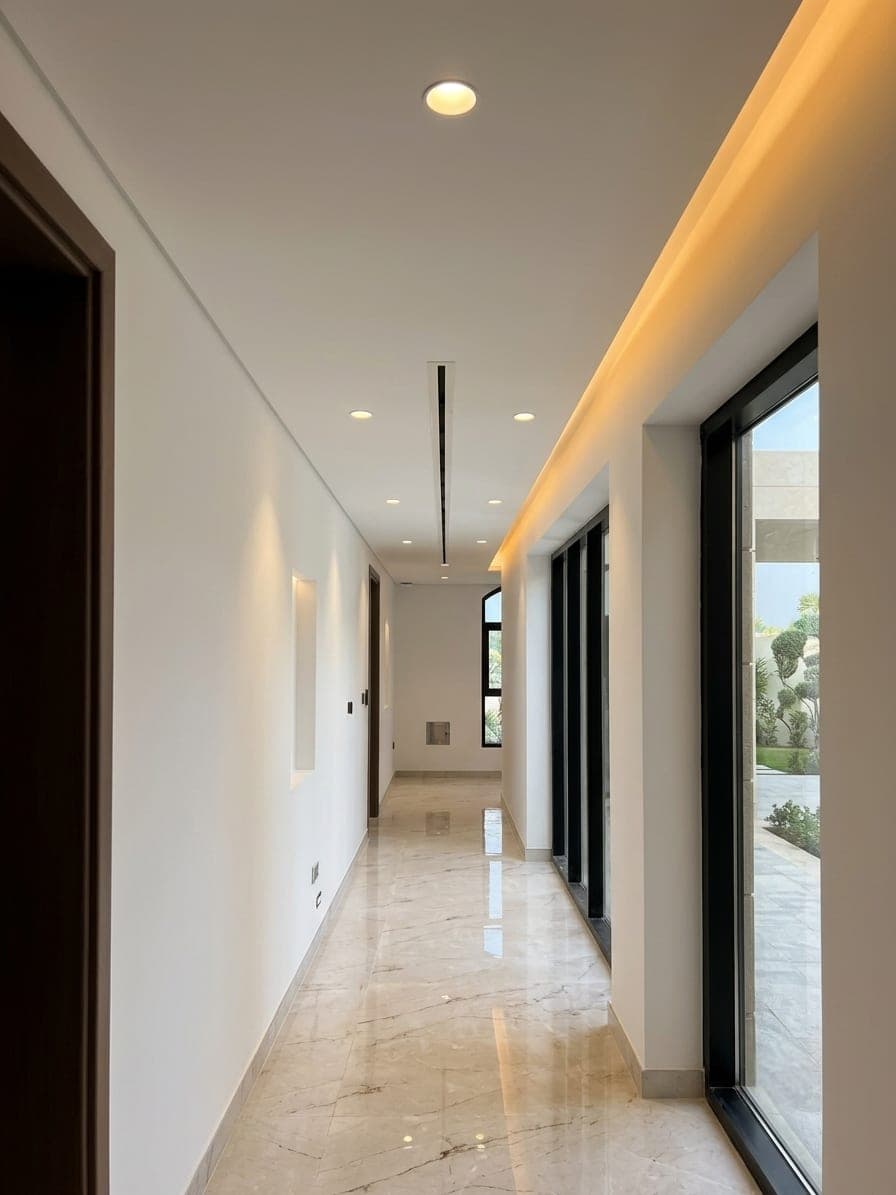 A marble corridor running the depth of the house to full-height glazing