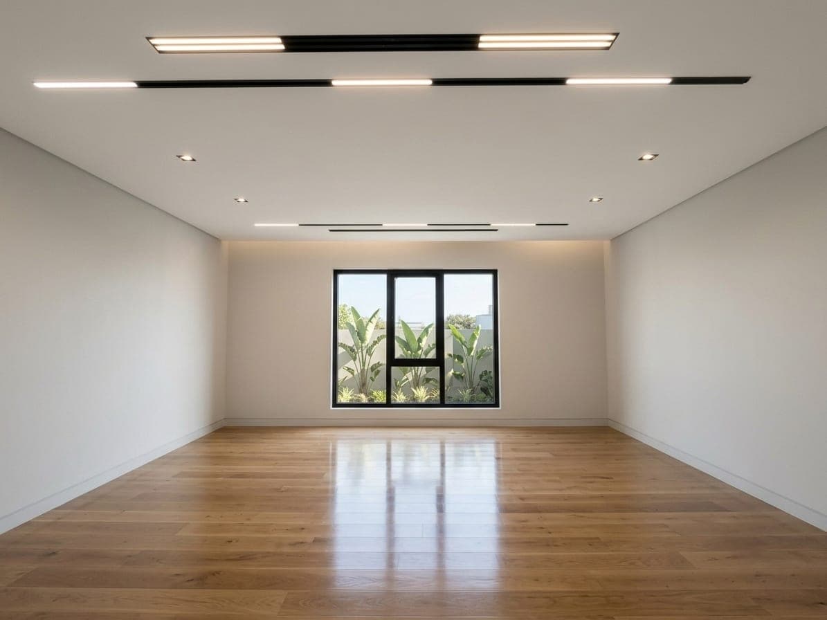 A room in oak flooring beneath a floating linear-lit ceiling