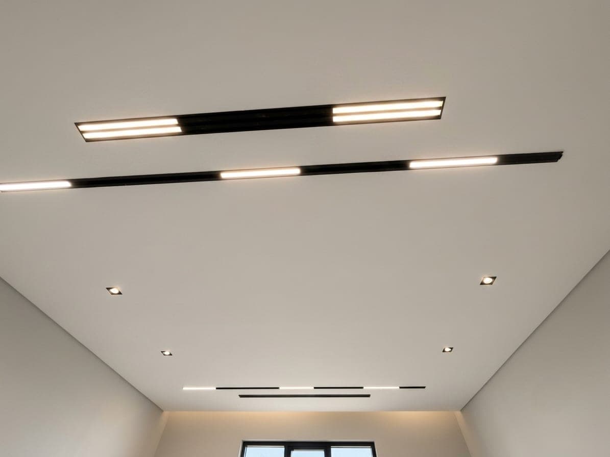 The linear lighting composition seen across the ceiling