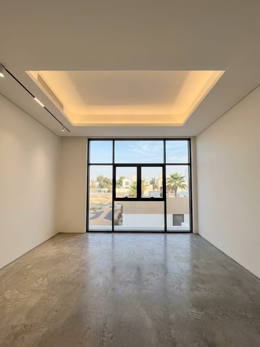 A bedroom with a full-height picture window and a track-lit tray ceiling