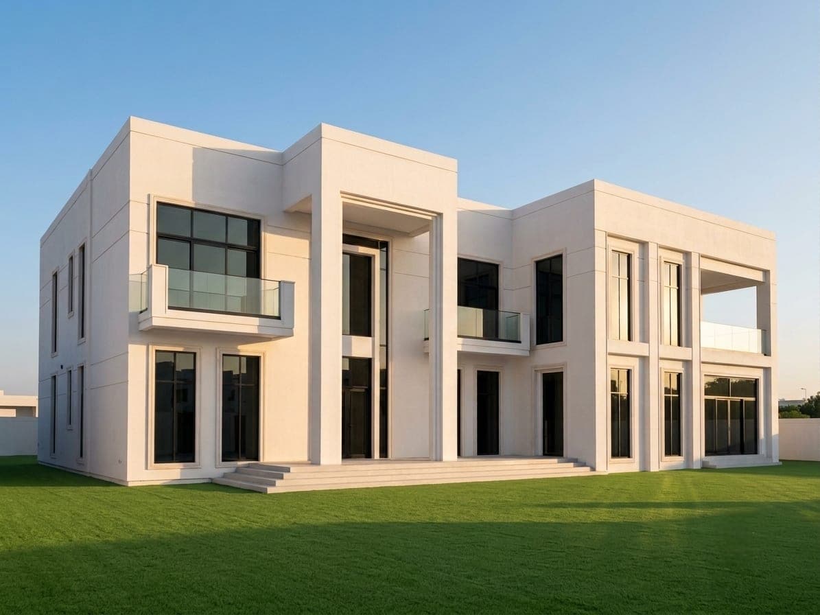 The villa's front elevation, stone-clad over two storeys with black-framed glazing