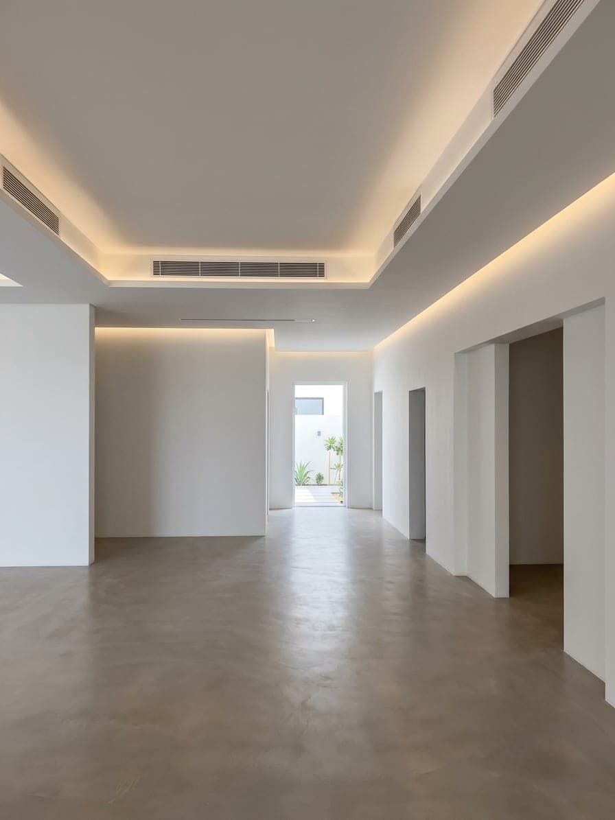 The ground-floor circulation spine running the depth of the house to a courtyard door