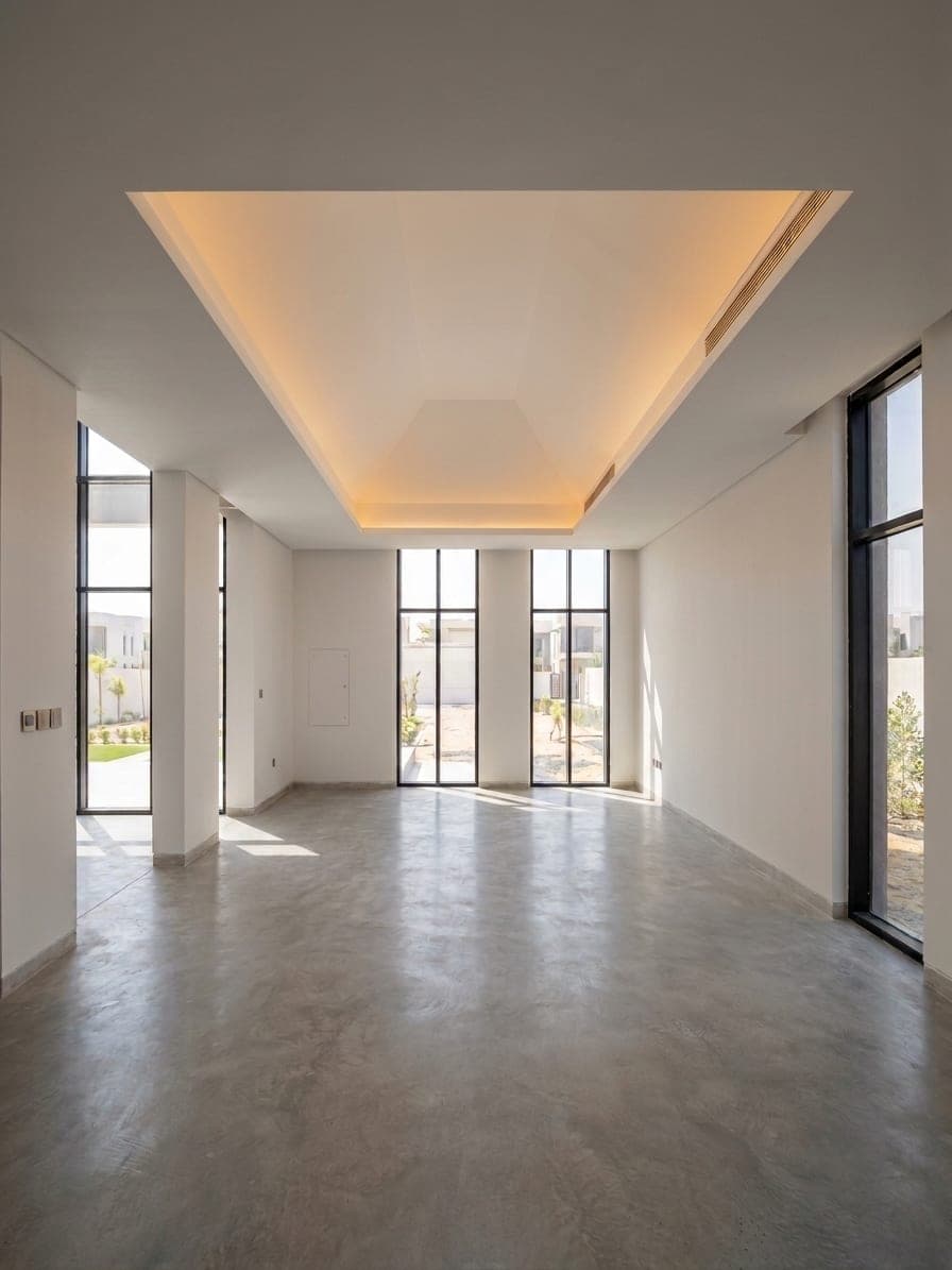 The reception room, with a stepped tray ceiling lit from a concealed cove