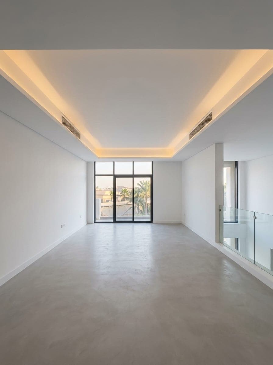 An upper living room with full-height sliding glazing and a glass balustrade to the void