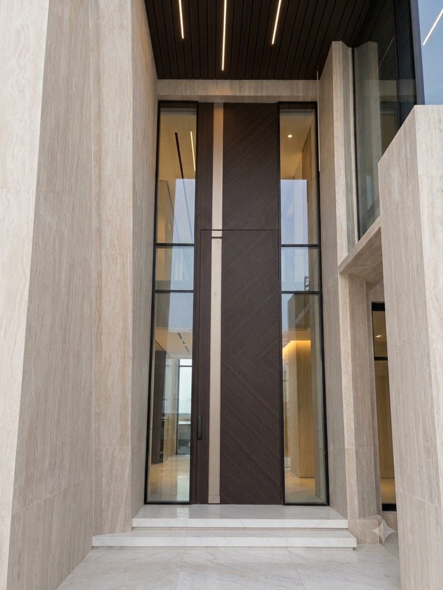 The full-height entrance — a dark timber pivot door framed in travertine