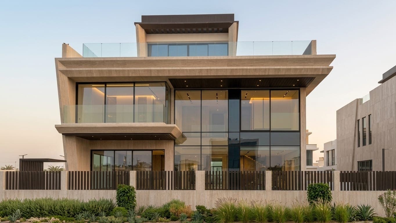 The front elevation in daylight, with glass-balustraded balconies