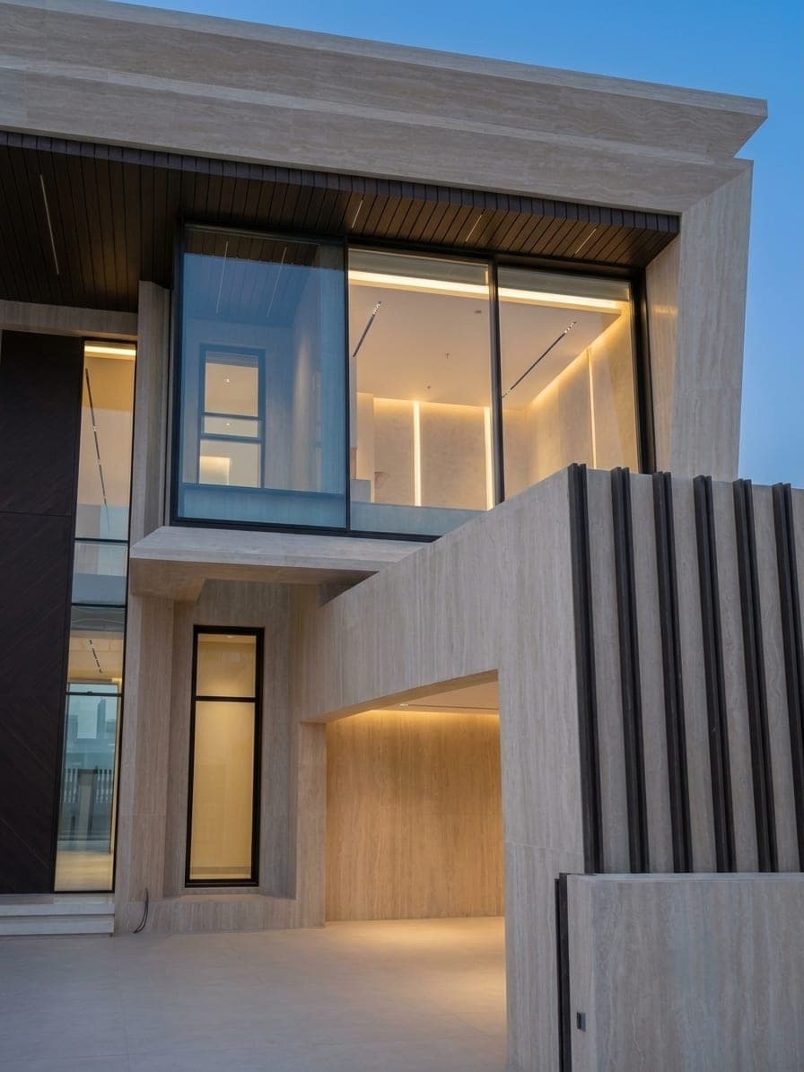 The elevation lit at dusk, timber fins against the glazing