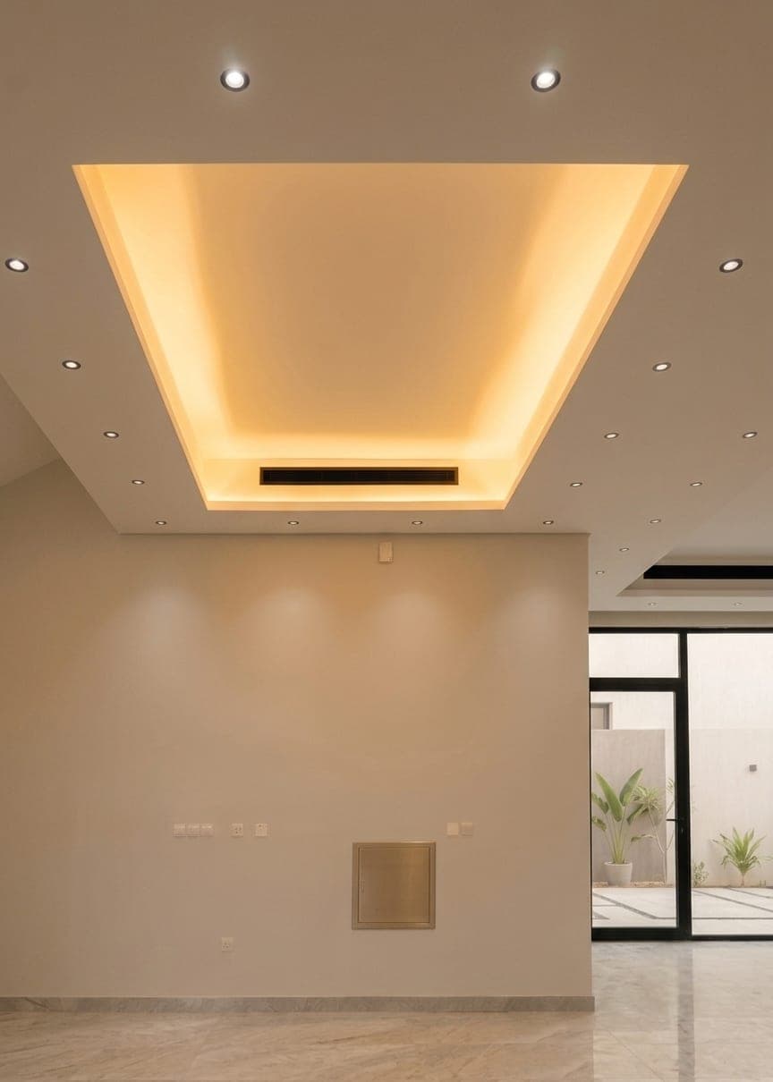A trapezoidal cove ceiling, lit along its inner edge