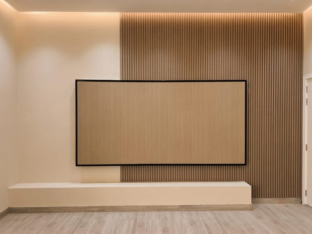 A fluted timber feature wall framing a recessed television niche