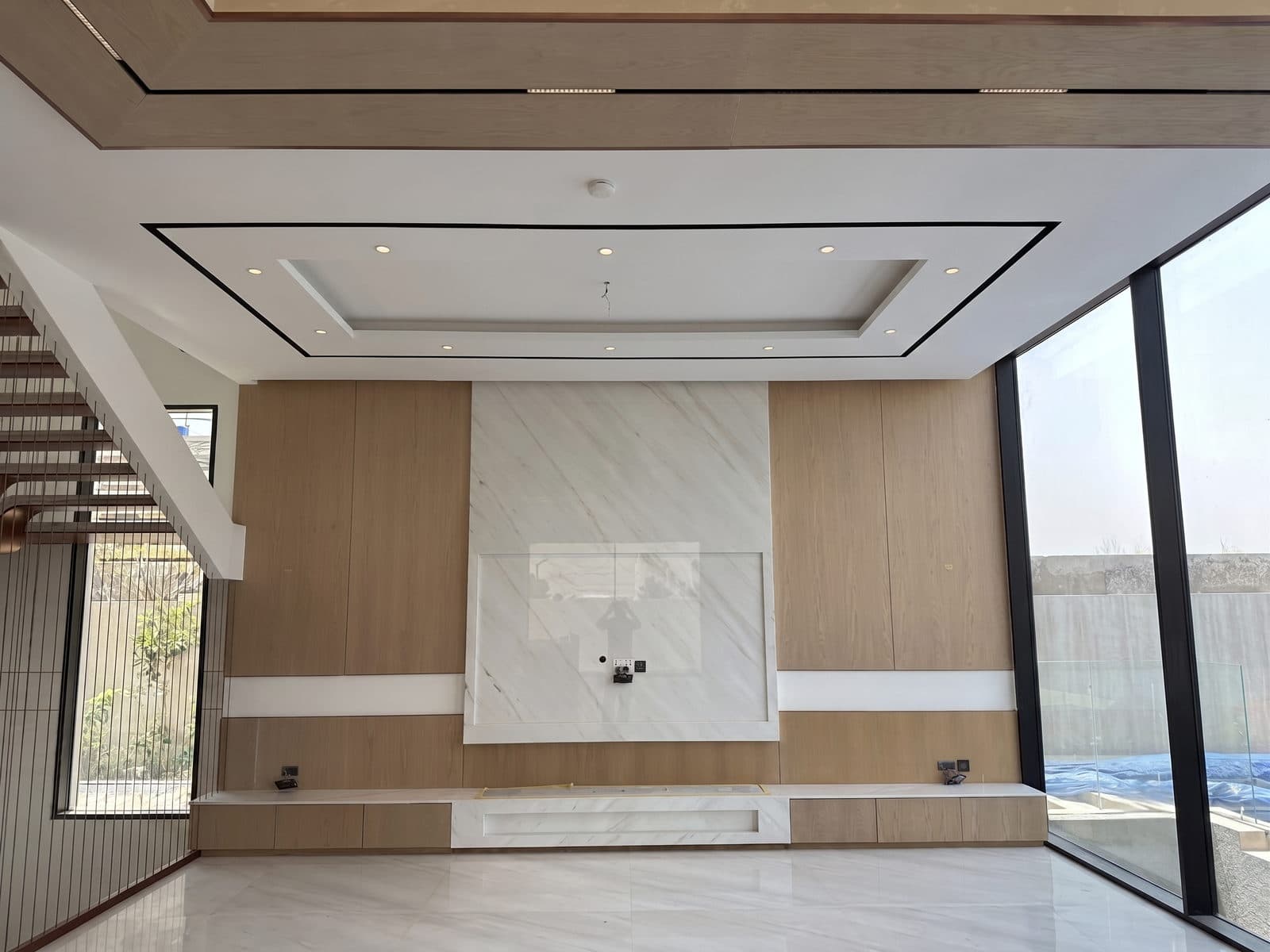 The marble feature wall seen straight on