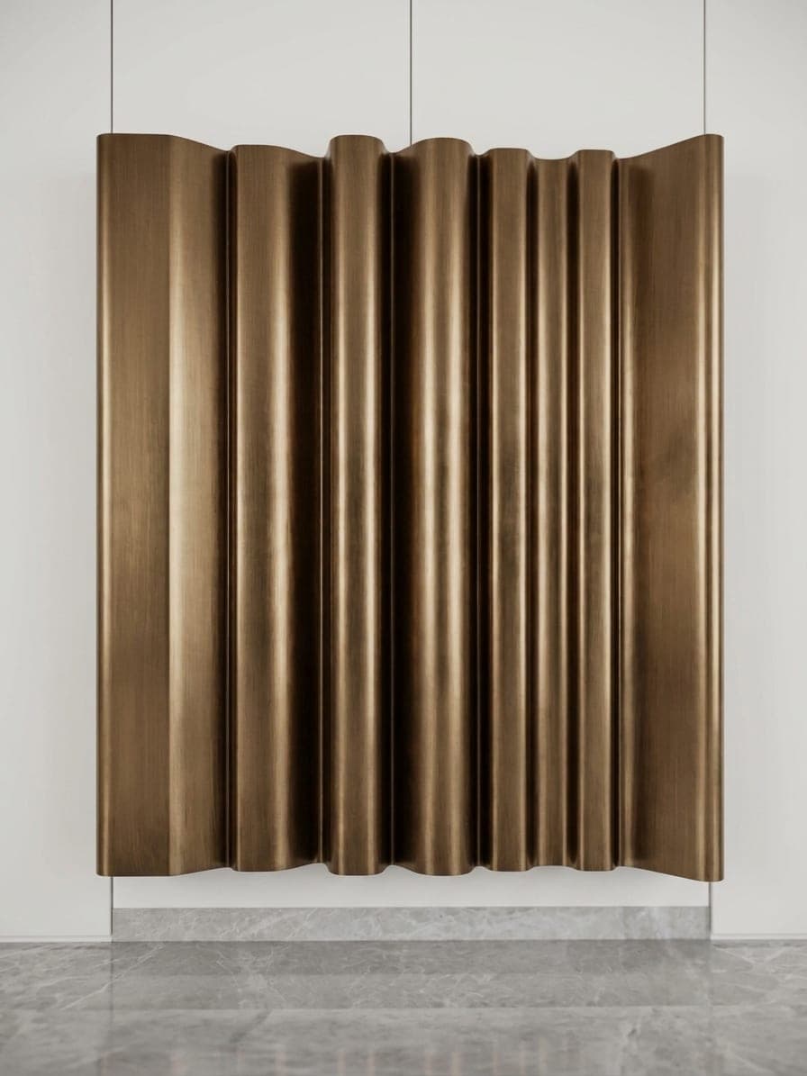 A sculptural bronze fluted screen against a marble wall