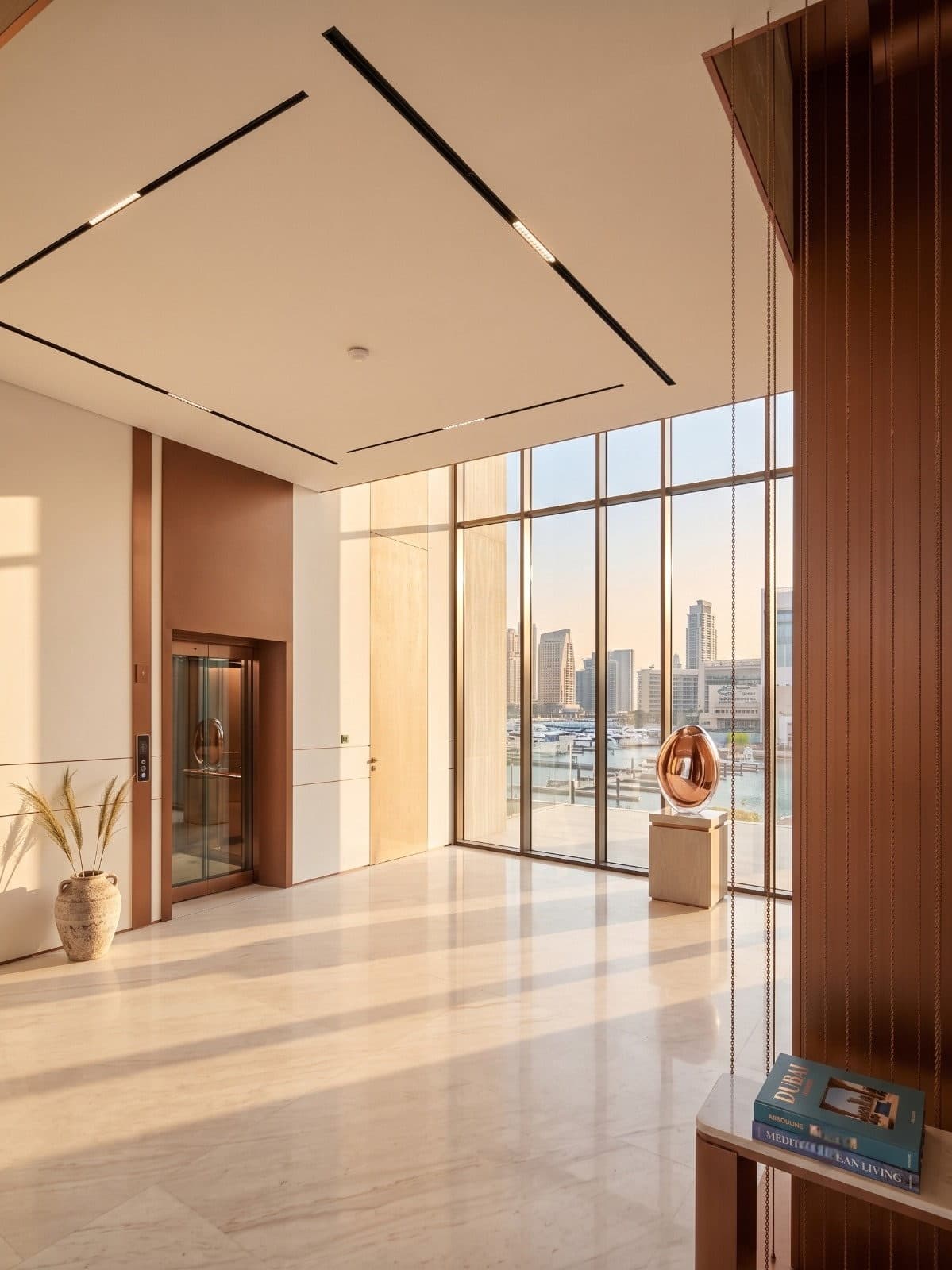 Travertine-lined gallery in a completed villa, opening to the Dubai skyline.